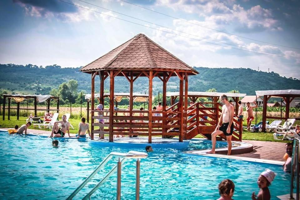 eine Gruppe von Personen in einem Pool mit Pavillon in der Unterkunft Complex Daniel's in Orăştie