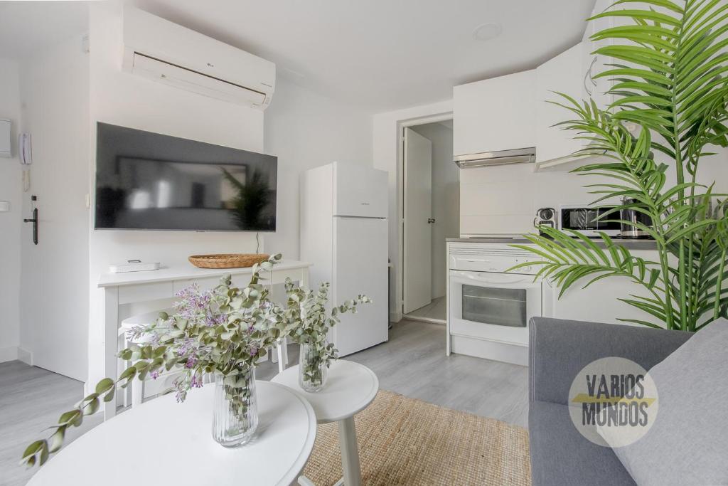 a white kitchen with a table and some plants at Atico Calle Silva para 3pax con terraza esquina con Gran Via in Madrid