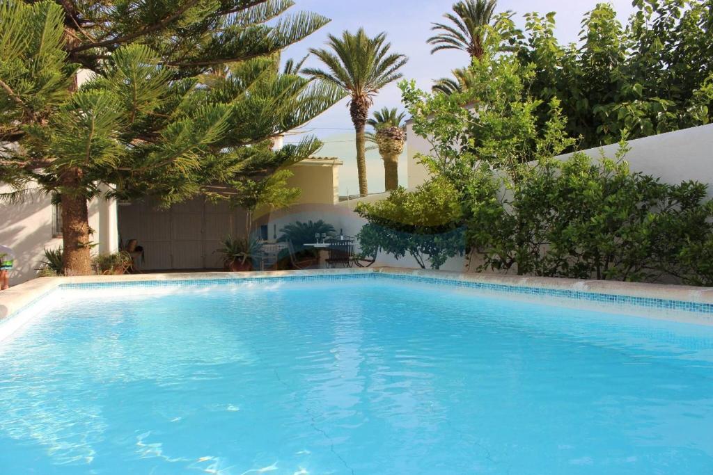 a large blue swimming pool with palm trees at Llevantada - Casa en Poblenou del Delta con piscina privada y barbacoa in Poblenou del Delta