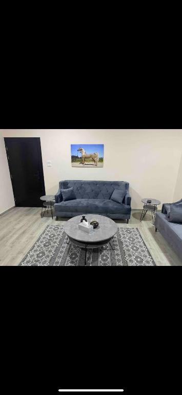 een woonkamer met een blauwe bank en een tafel bij البندرية in Al Khobar