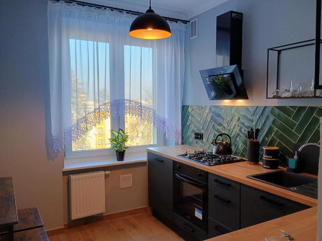 a kitchen with a sink and a window and a stove at Apartament EM in Krosno