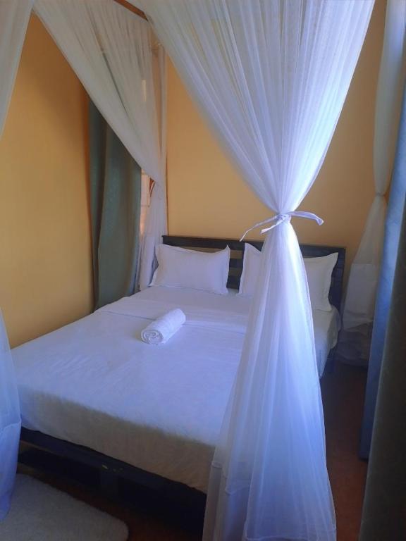 a bedroom with a white bed with a canopy at Elite homes in Kisumu