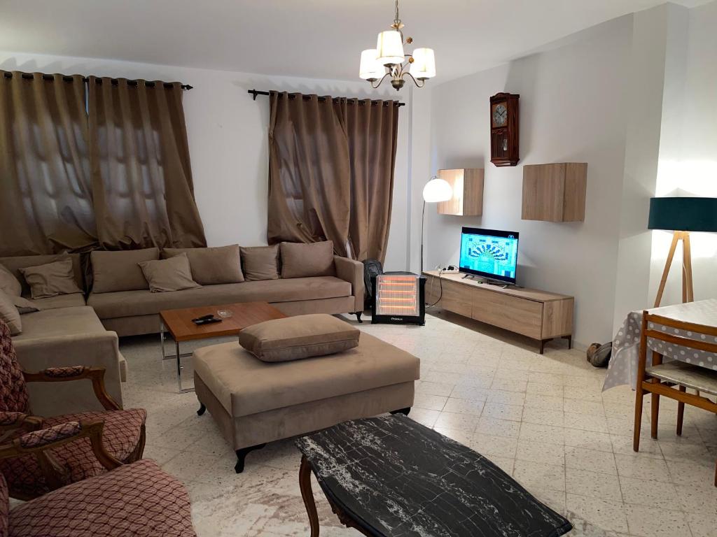 Villa le bon coin de la marsa في المرسى: غرفة معيشة مع أريكة وتلفزيون