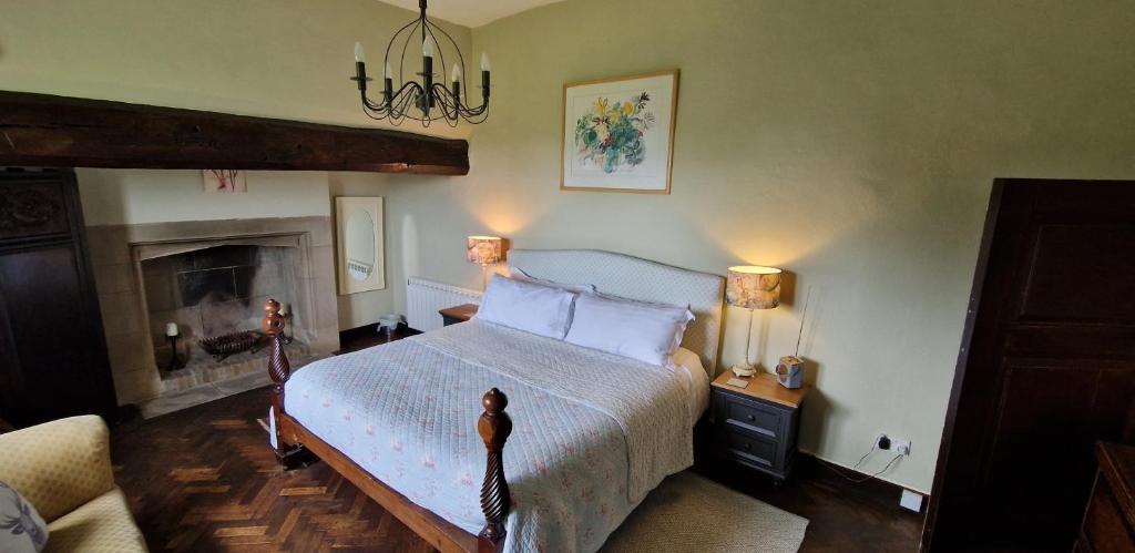 a bedroom with a large bed and a fireplace at Braithwaite Hall Apartment in East Witton