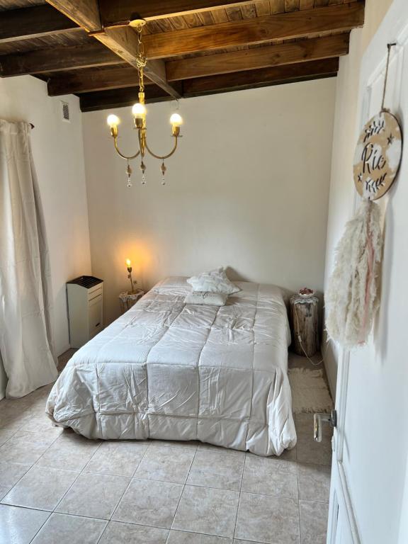 - une chambre avec un lit blanc et un lustre dans l'établissement Casa Completa, à Río Gallegos
