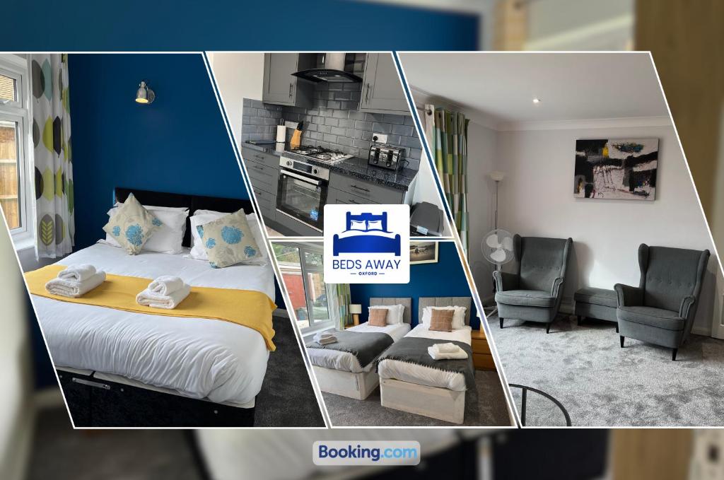 un collage de tres fotos de un dormitorio en 3 Bedroom Cosy Bungalow By Beds Away Short Lets & Serviced Accommodation Chalgrove With Outdoor Dining Area, 