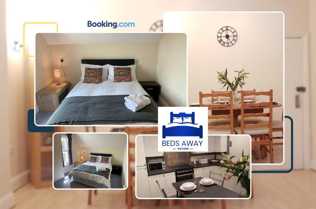 a collage of three pictures of a bedroom at Spacious 5 Bedroom Apartment Ideal for Contractors By Beds Away Short Lets & Serviced Accommodation Oxford with Parking in Iffley in Oxford
