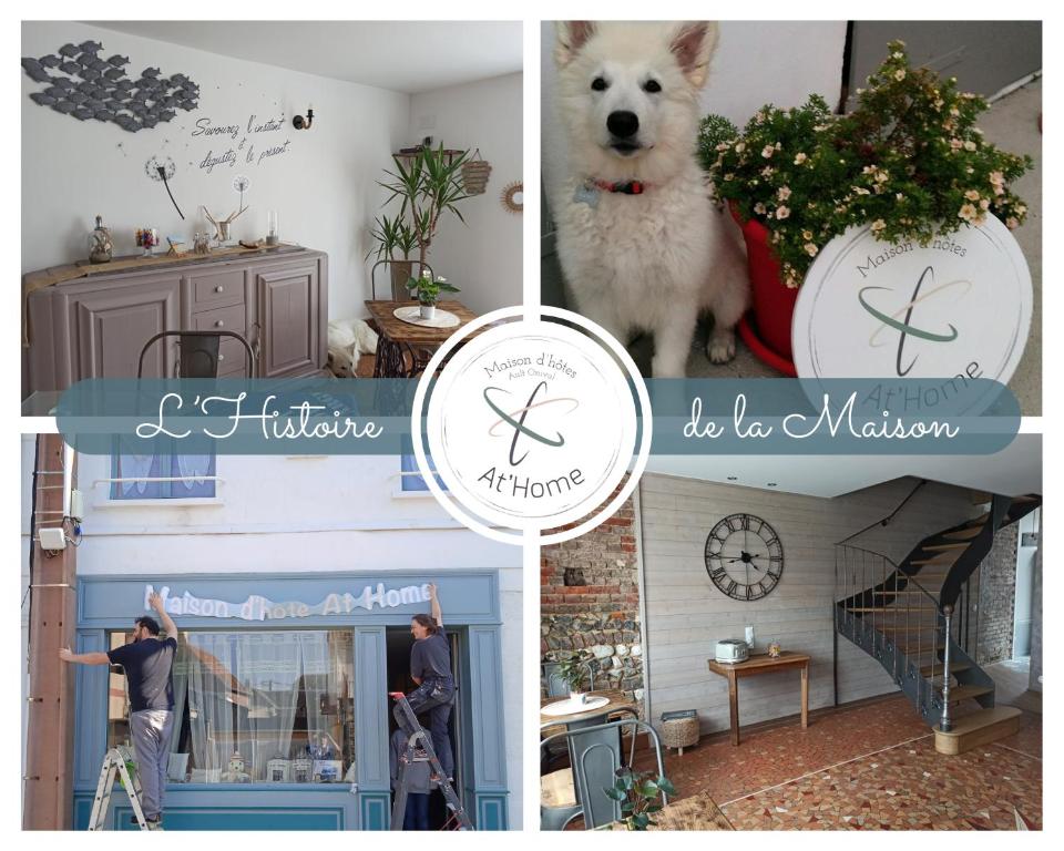 un collage de cuatro fotos de un hombre y un perro en Maison d'hôtes "At'Home", en Ault