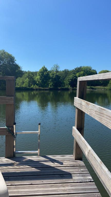 a wooden dock in the middle of a lake at Ancienne Auberge des Brizards - Morvan (14 personnes) in Quarré-les-Tombes