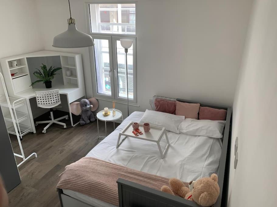 a bedroom with a bed with a teddy bear on it at Stylish studio flat in City Centre Nottingham in Nottingham