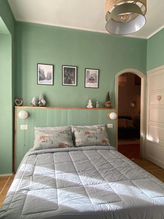 ein Schlafzimmer mit einem Bett mit einer grünen Wand in der Unterkunft Bilocale a due passi dal centro in Limone Piemonte