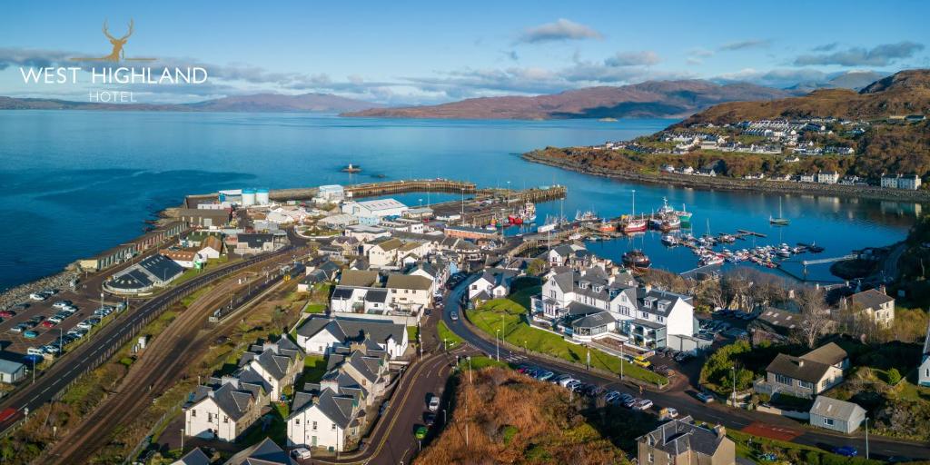 an aerial view of a town next to a body of water at West Highland Hotel in Mallaig