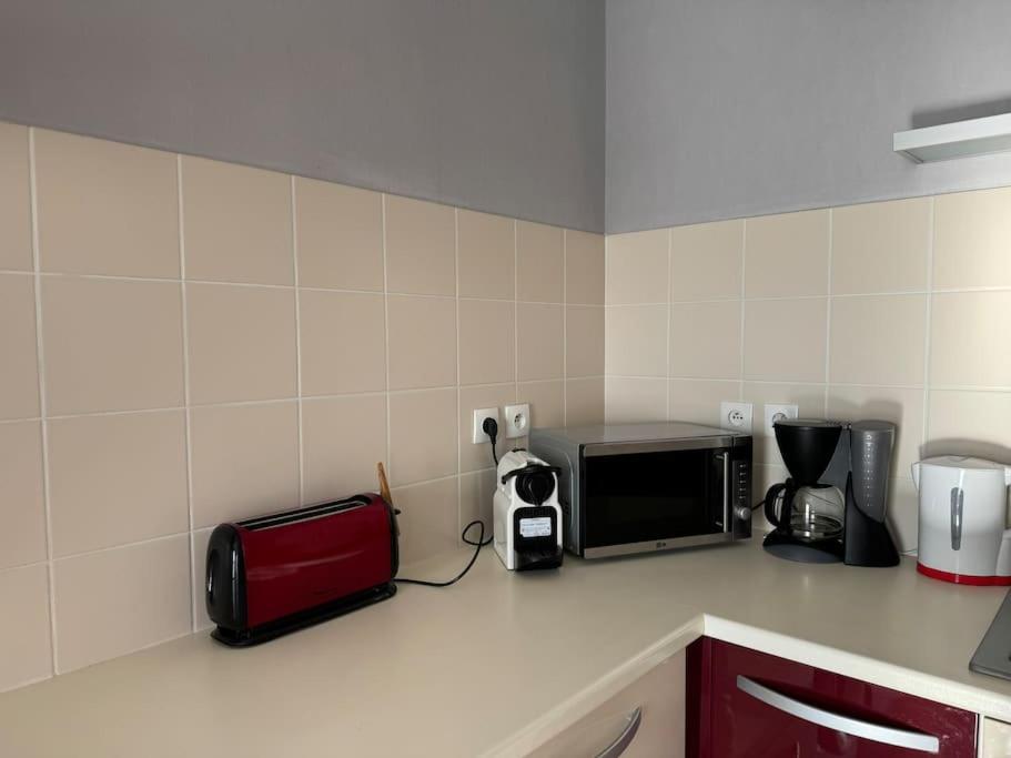 a kitchen counter with a microwave and a toaster oven at Appartement T3 bord de la Vienne in Chinon