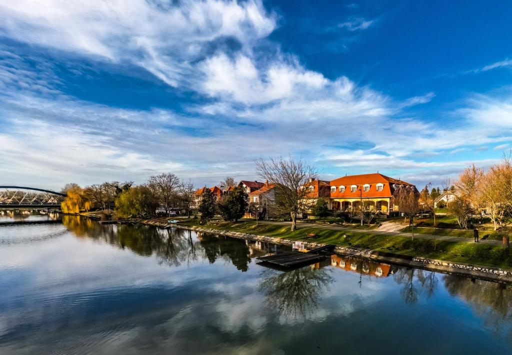 - une vue sur une rivière avec des maisons et un pont dans l'établissement Regia Panzió, à Halászi