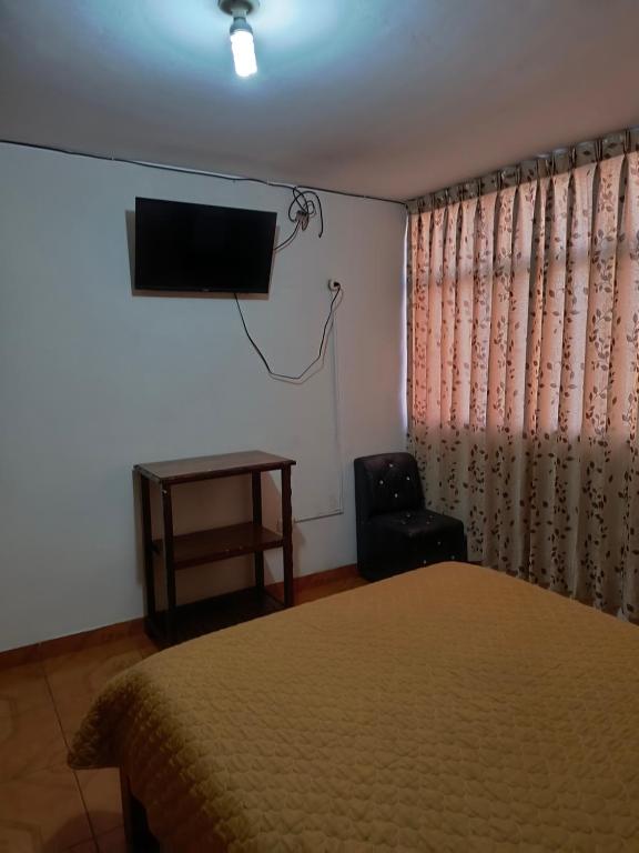 Schlafzimmer mit einem Bett, einem TV und einem Stuhl in der Unterkunft Dulces Sueños in Huancayo