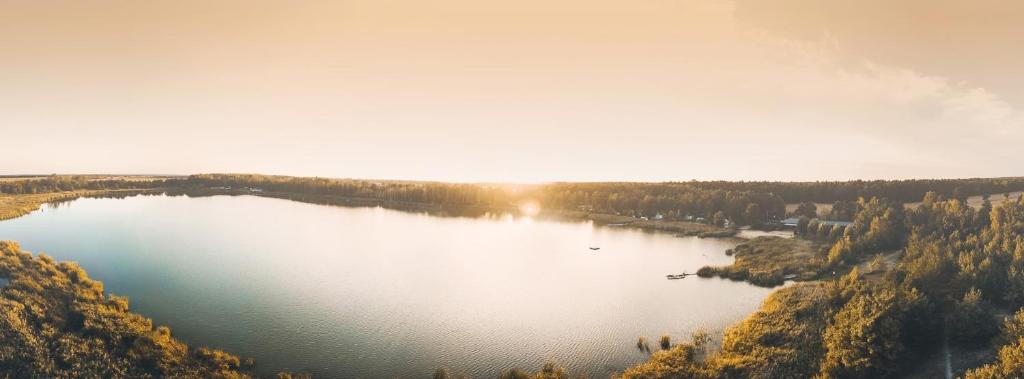 een luchtzicht op een meer midden in een bos bij Mobilheim 4-5 Personen MH10 