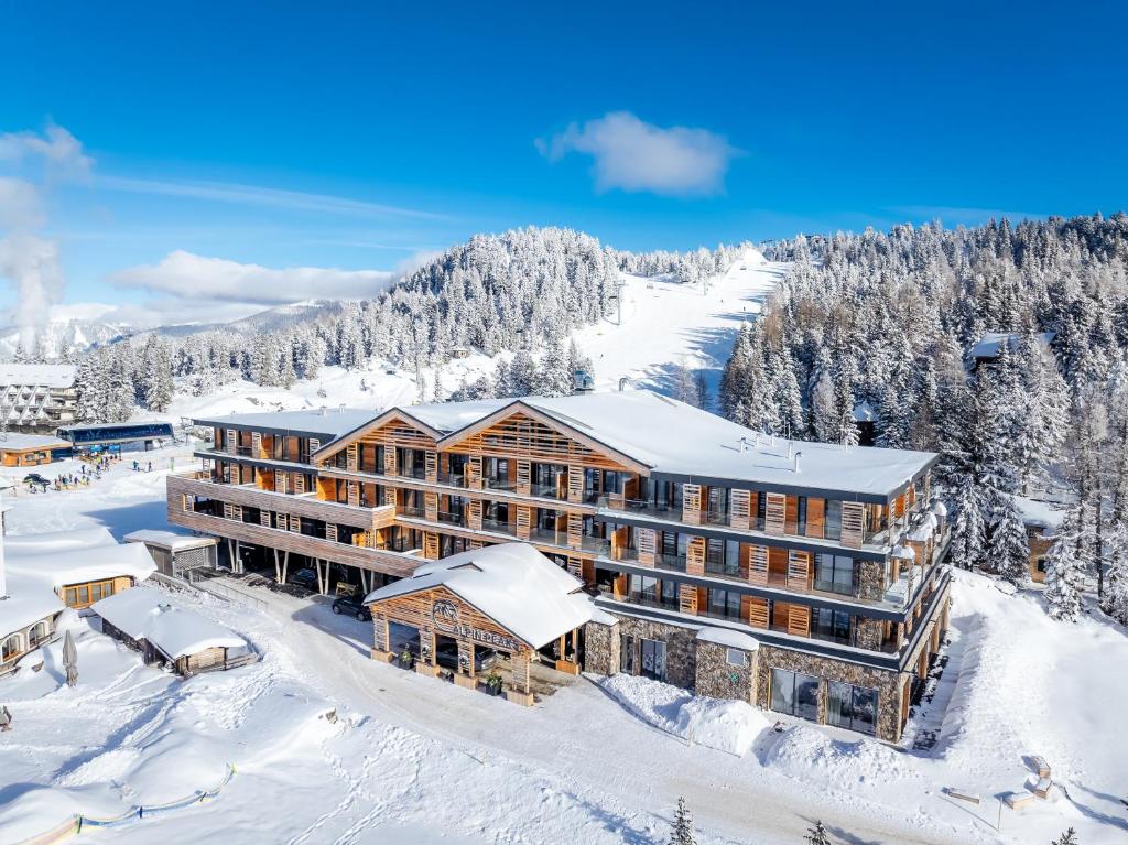 una vista aérea de un complejo en la nieve en Alpin Peaks en Turracher Hohe