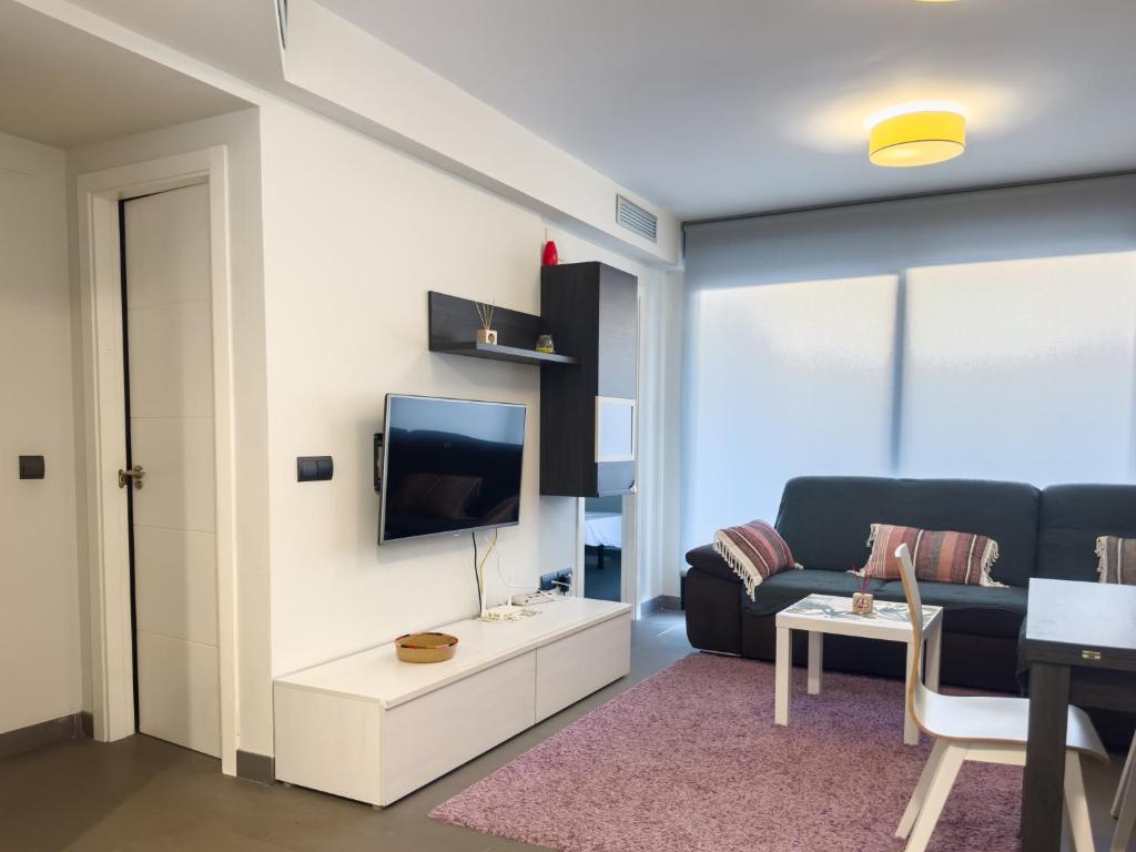 TV a/nebo společenská místnost v ubytování Apartamento con jardín en primera linea de playa con parking y piscina