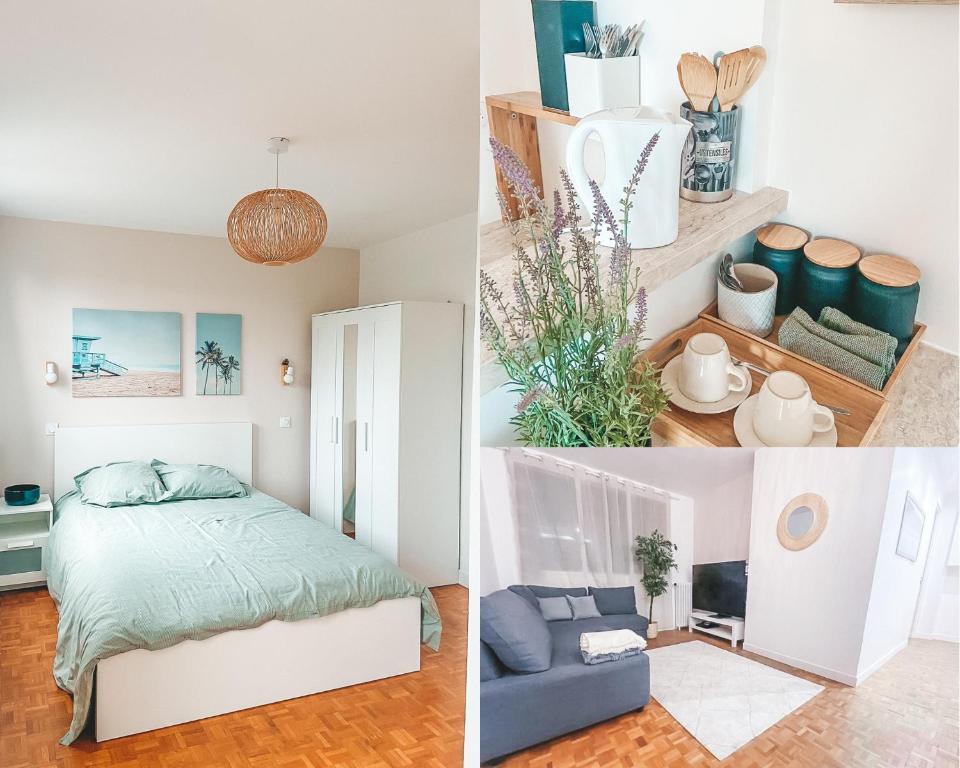 塞納河畔伊夫里的住宿－Suite familiale à Paris，一张床位的卧室和客厅的三幅图片