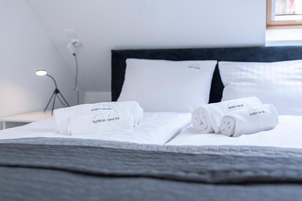 Posteľ alebo postele v izbe v ubytovaní DOMEK SUDECKI ZAKĄTEK - 2 APARTAMENTY 7- os Z GORĄCĄ BALIĄ ZEWNĘTRZNĄ