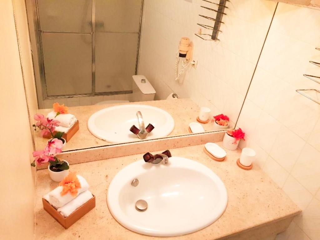een badkamer met een wastafel en een spiegel bij Appartement Les Yuccas, vue sur la mer et les montagnes in Le Gosier
