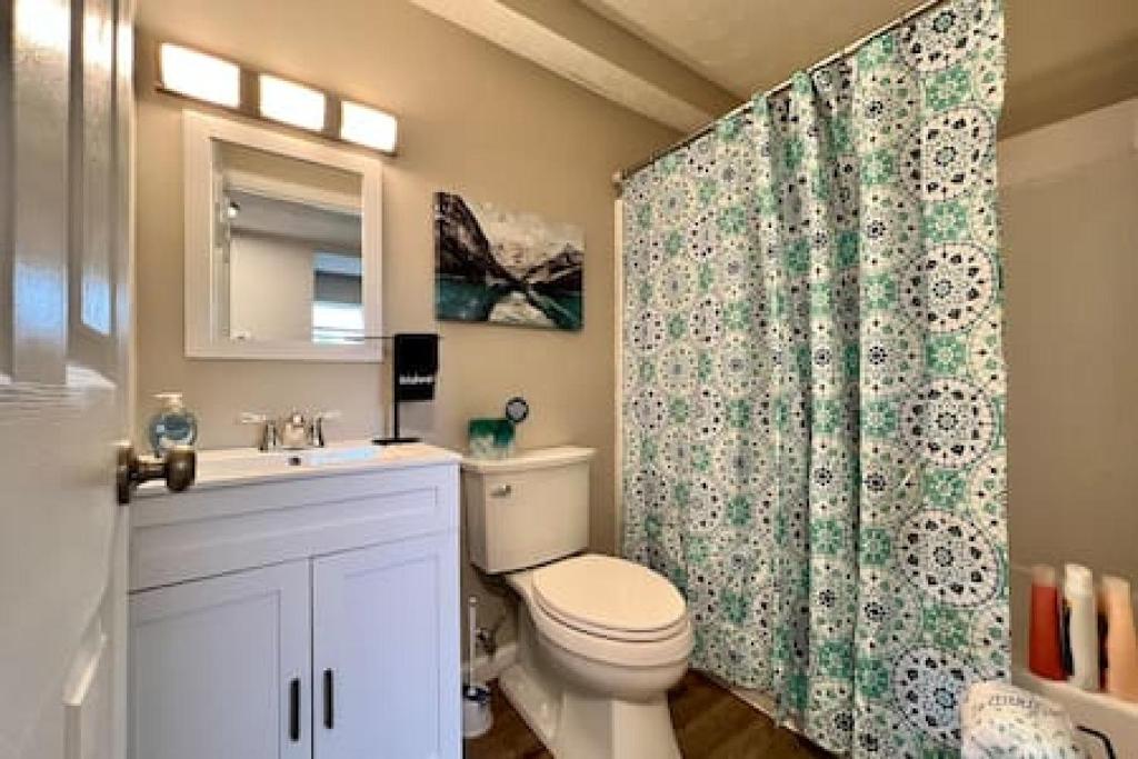 een badkamer met een toilet en een douchegordijn bij Sharp Spacious Middletown Apartment Free Laundry in Middletown