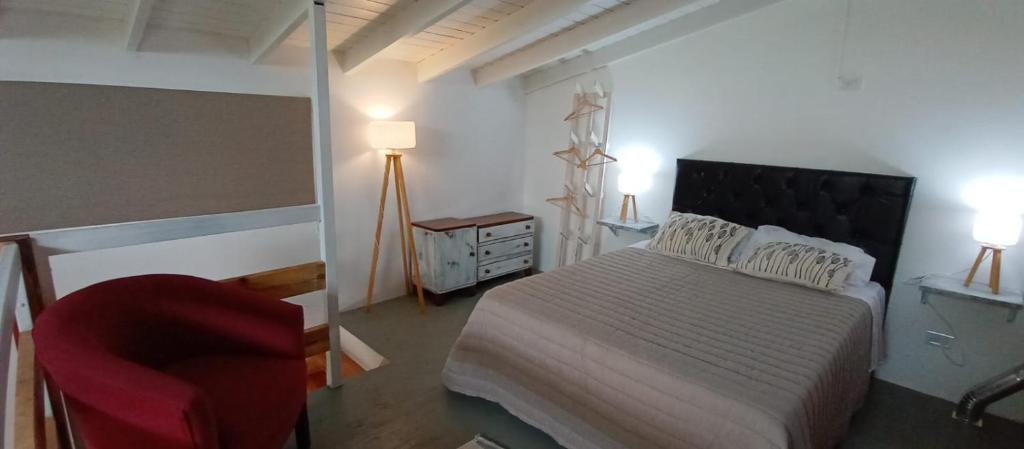 a bedroom with a bed and a chair and a lamp at Schönes Loft in Villa General Belgrano