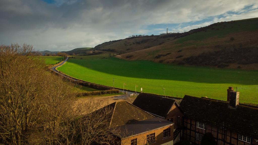 Tottington Manor Hotel في Henfield: اطلالة على تلة مع حقل أخضر