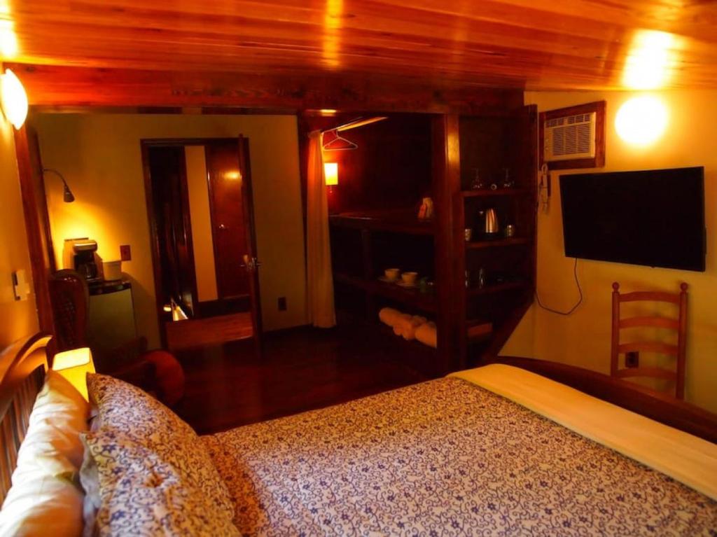 ein Wohnzimmer mit einem Bett und einem TV in der Unterkunft Suite Pea at White Lotus Eco Spa Retreat in Stanardsville