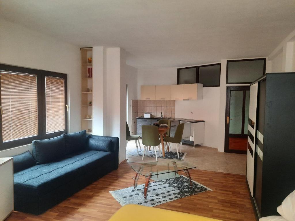 Il comprend un salon avec un canapé bleu et une cuisine. dans l'établissement Apartment's DAMJAN - Kruševo, à Kruševo