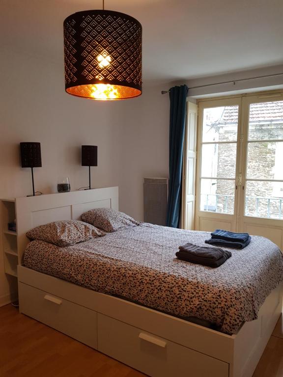 um quarto com uma cama e uma grande janela em CHU-Cité des congrès 6 personnes logement entier em Nantes