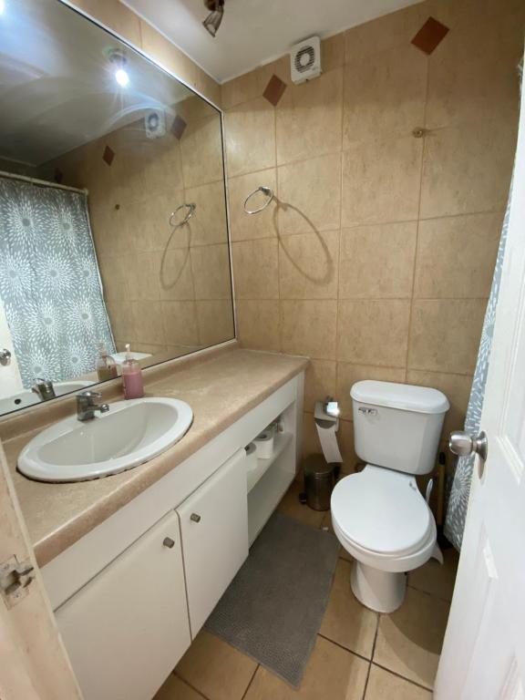 a bathroom with a toilet and a sink and a mirror at Depto barrio universitario in La Serena