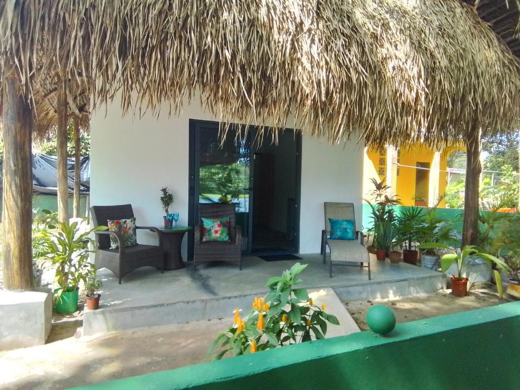 uma casa com telhado de palha e um pátio com plantas em Chagres River Lodge 