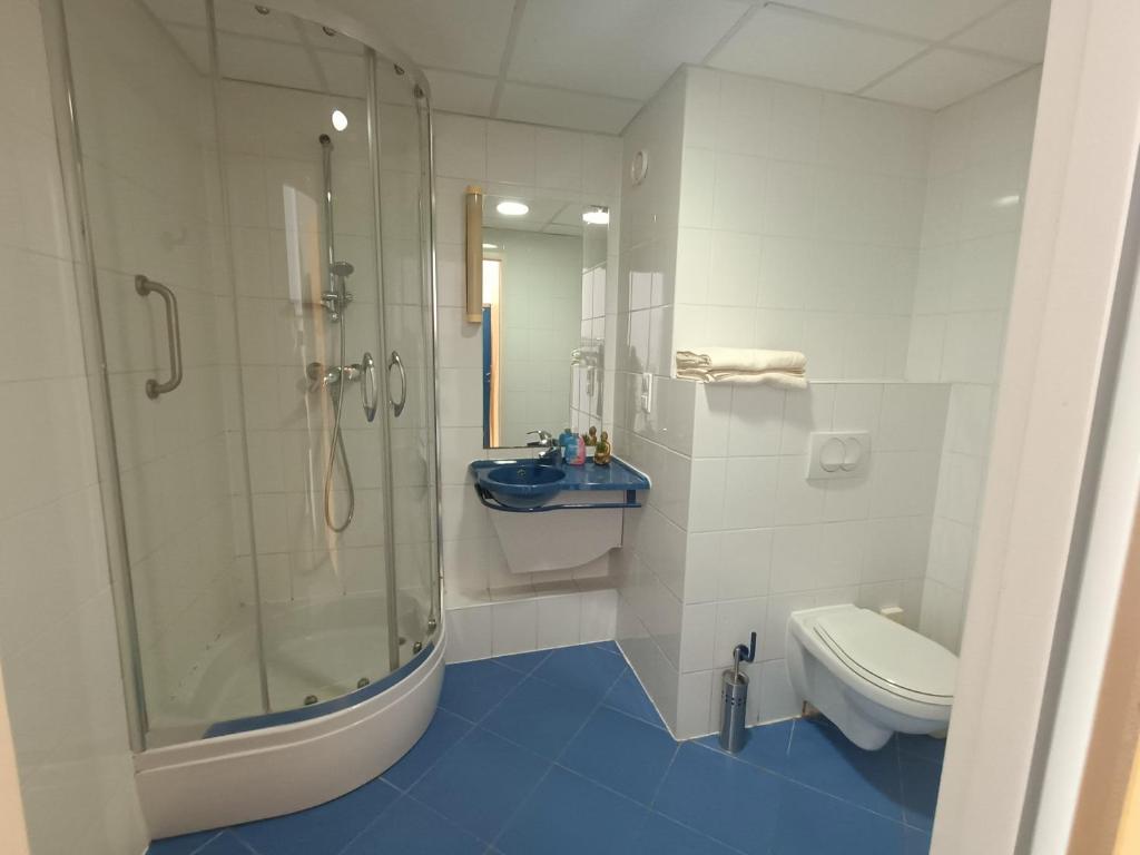 a bathroom with a shower and a toilet and a sink at Bizzhotel in Szczecin