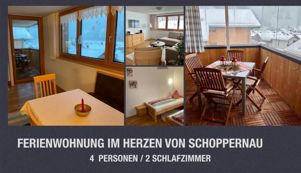 due immagini di una cucina e di una stanza con tavolo di Ferienwohnung Schoppernau a Schoppernau
