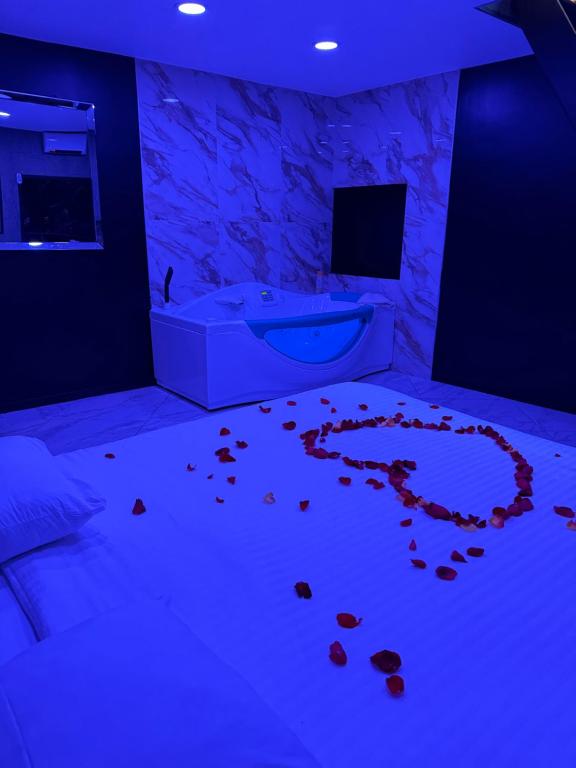 een kamer met een bad en bloed op de vloer bij Maison Appartement Triplex avec jacuzzi et sauna in Saint-Étienne