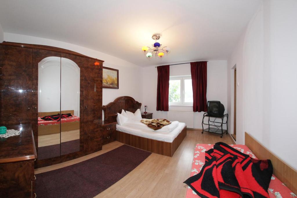 ブシュテニにあるVila Muraのベッドルーム1室(ベッド1台、鏡付)