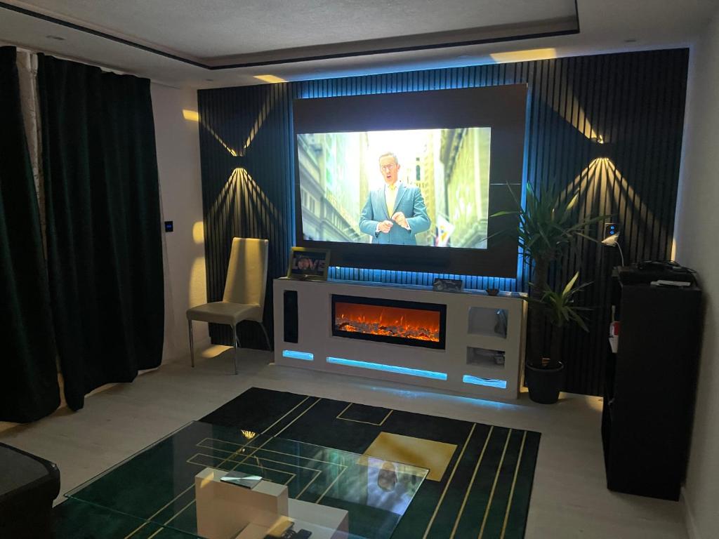 a living room with a tv and a fireplace at GraceHomes (Entry to Blackforest) in Jettingen
