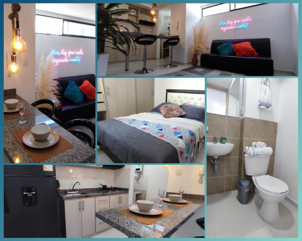 a collage of photos of a bedroom and a bathroom at Moderno Loft Fiscalía in Bucaramanga