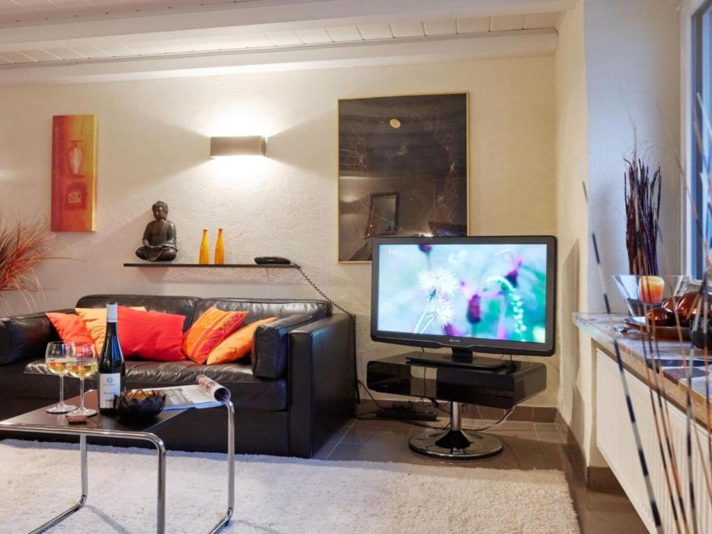 a living room with a couch and a flat screen tv at Holiday home on the Lay in Traben-Trarbach