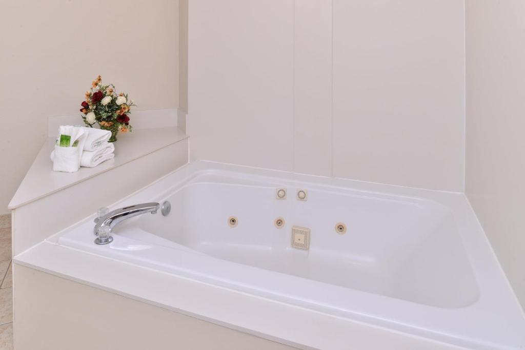 Holiday Inn Express Hotel & Suites Madison by IHG في ماديسون: حوض استحمام أبيض مع حوض في الحمام