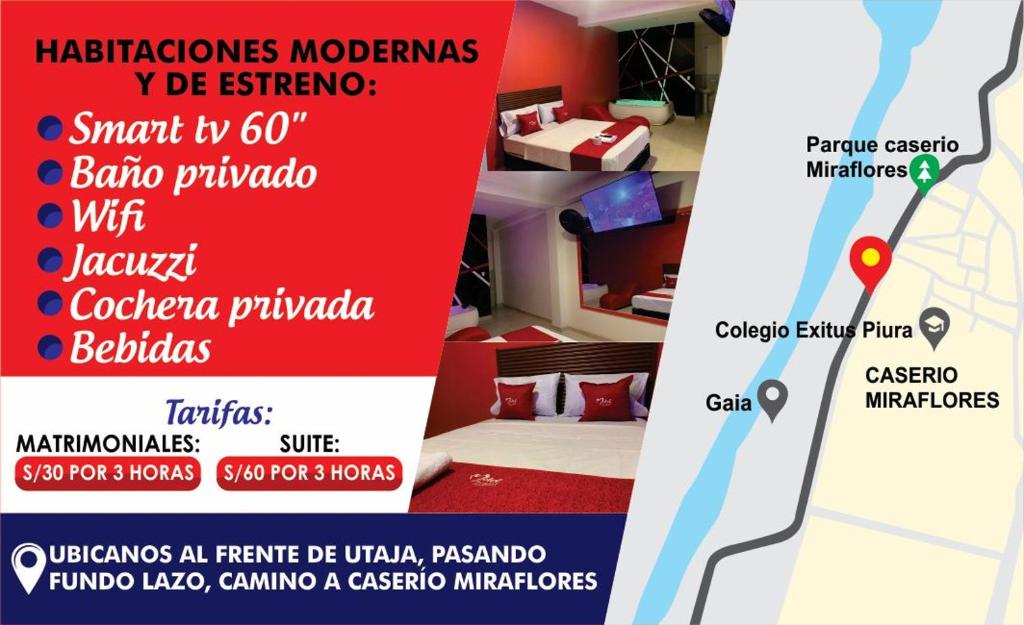 a poster for a hotel room with a bed and a map at Hotel picasso in Piura