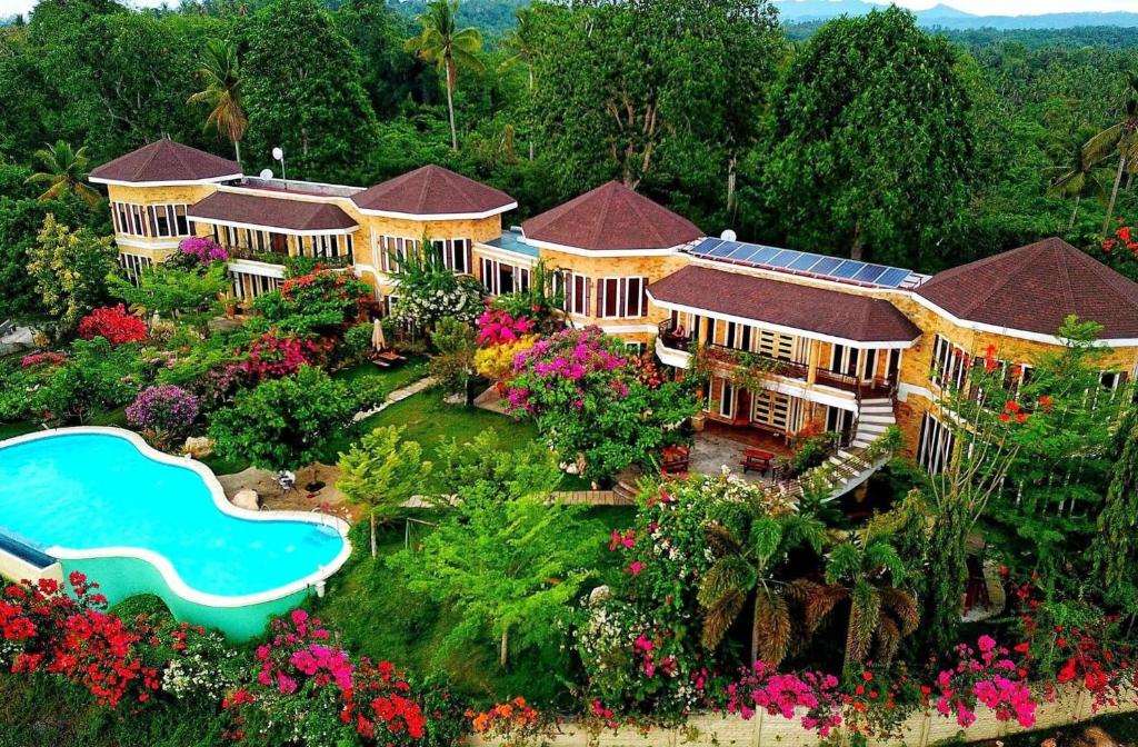 Magamomo的住宿－Castle View Hotel Samal，享有带游泳池的房屋的空中景致