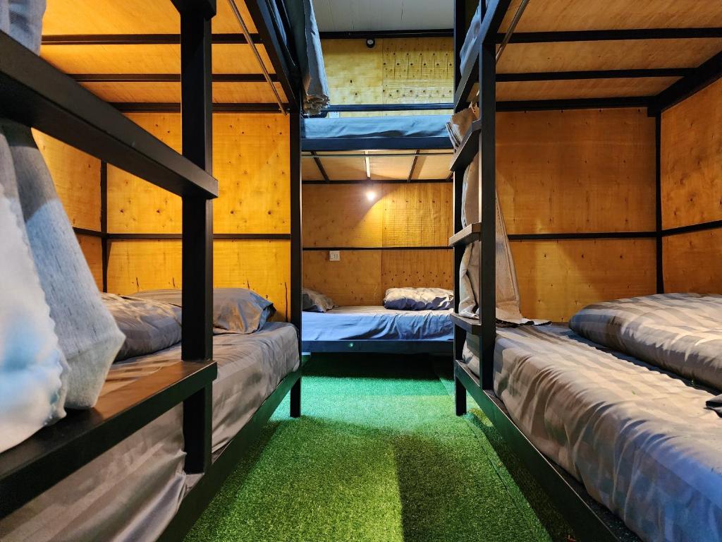 2 Etagenbetten in einem Zimmer mit grünem Teppich in der Unterkunft The 10 club hostel in Thongsala