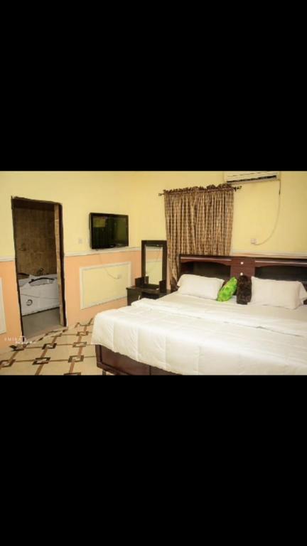 a bedroom with two beds and a flat screen tv at 6A Resort LTD in Owerri