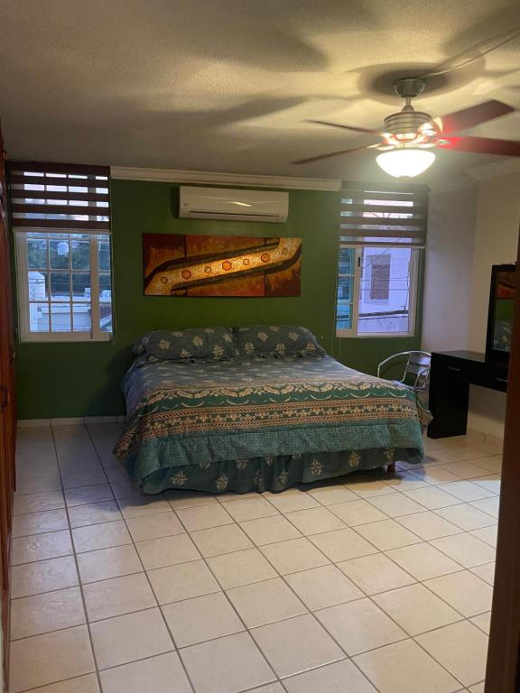 1 dormitorio con 1 cama en una pared verde en Departamentos grandes y centricos., en Poza Rica de Hidalgo