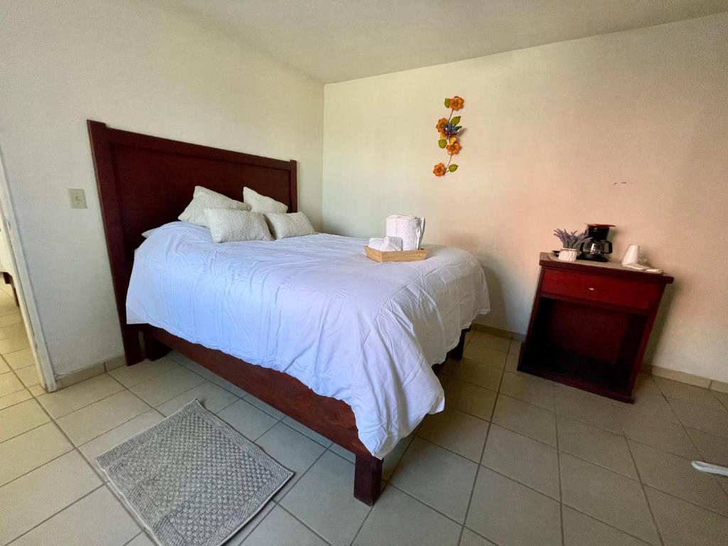 een slaapkamer met een bed met een doos tissues bij Suite AMAI, Valle de Guadalupe in Colonia de Guadalupe