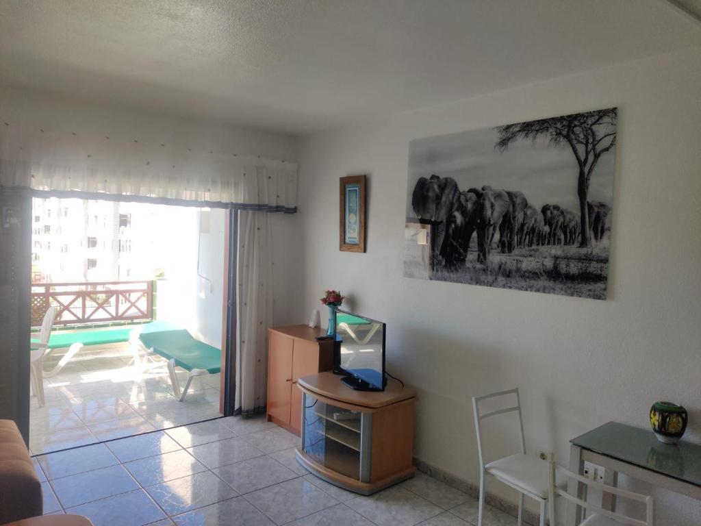 a living room with a tv on a table with a picture on the wall at Victoria Court 2, Los Cristianos in El Guincho