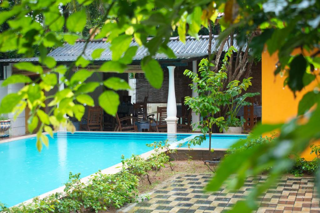 a swimming pool in front of a house with trees at Elephant Rest Udawalawa in Udawalawe