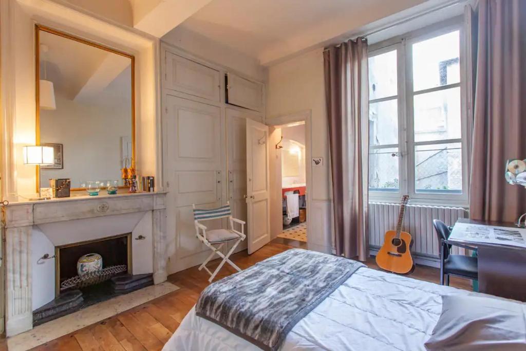 a bedroom with a fireplace and a bed and a mirror at Chambre privée en hyper-centre de Grenoble in Grenoble